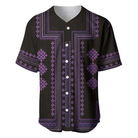 Black baseball jersey with V-neck and button placket, purple geometric Balkan-style pattern