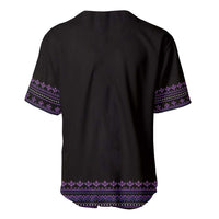 Black baseball jersey with purple patterned trim at sleeves and hem, back view