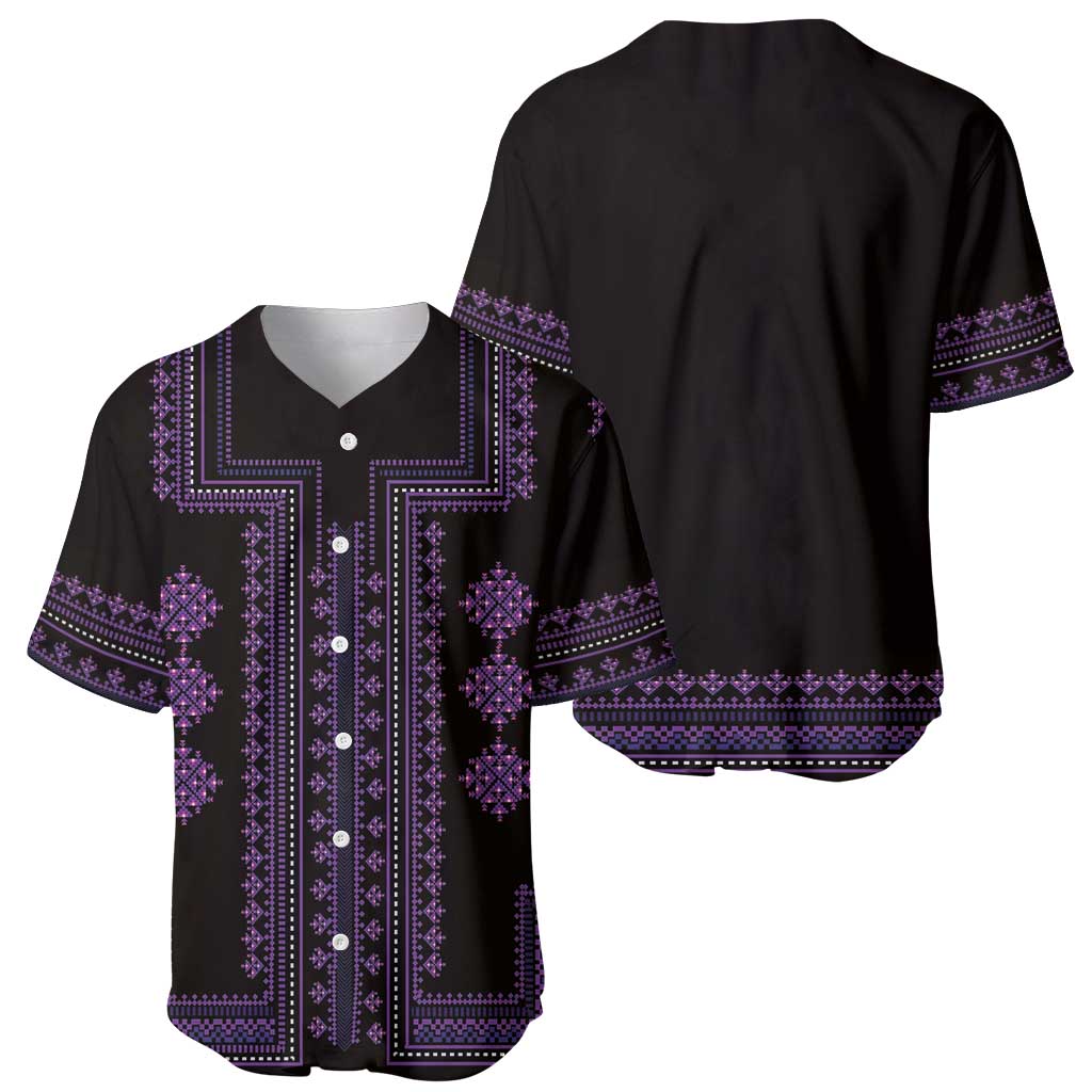 Black baseball jerseys with purple geometric patterns; front with buttons and matching back