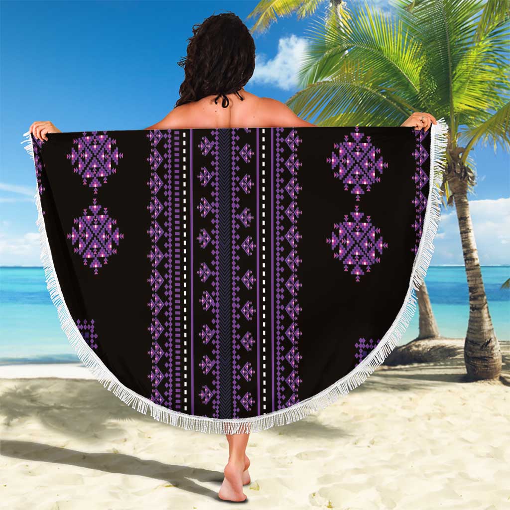 Round beach blanket, black with purple geometric pattern, white fringed edge