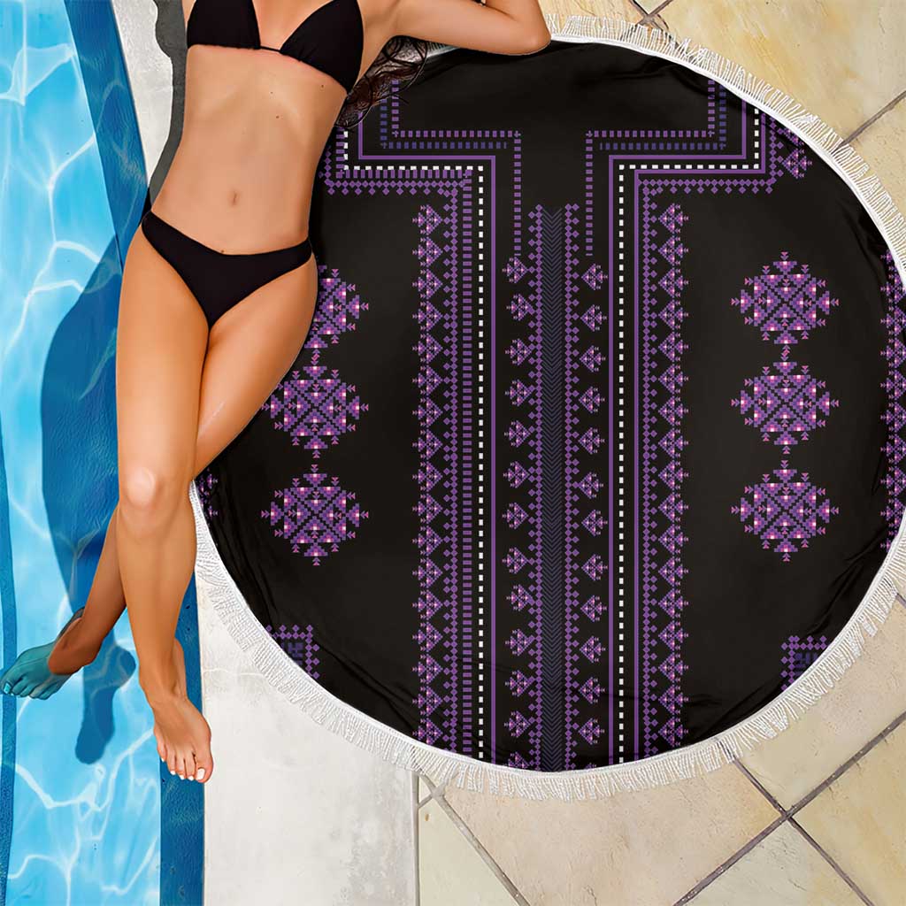 Round beach blanket by pool, black with purple geometric motifs and white fringe edge
