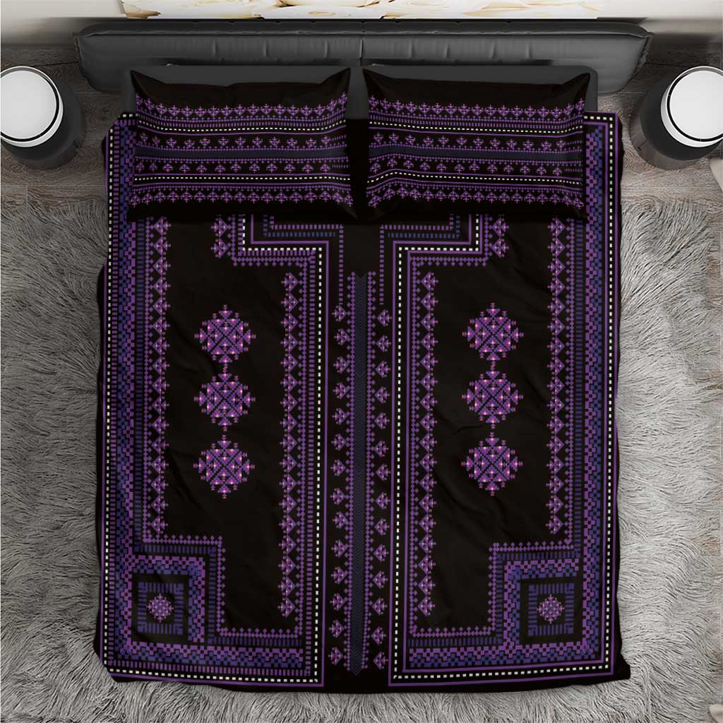Purple and black traditional geometric bedding set with embroidered-style border patterns.