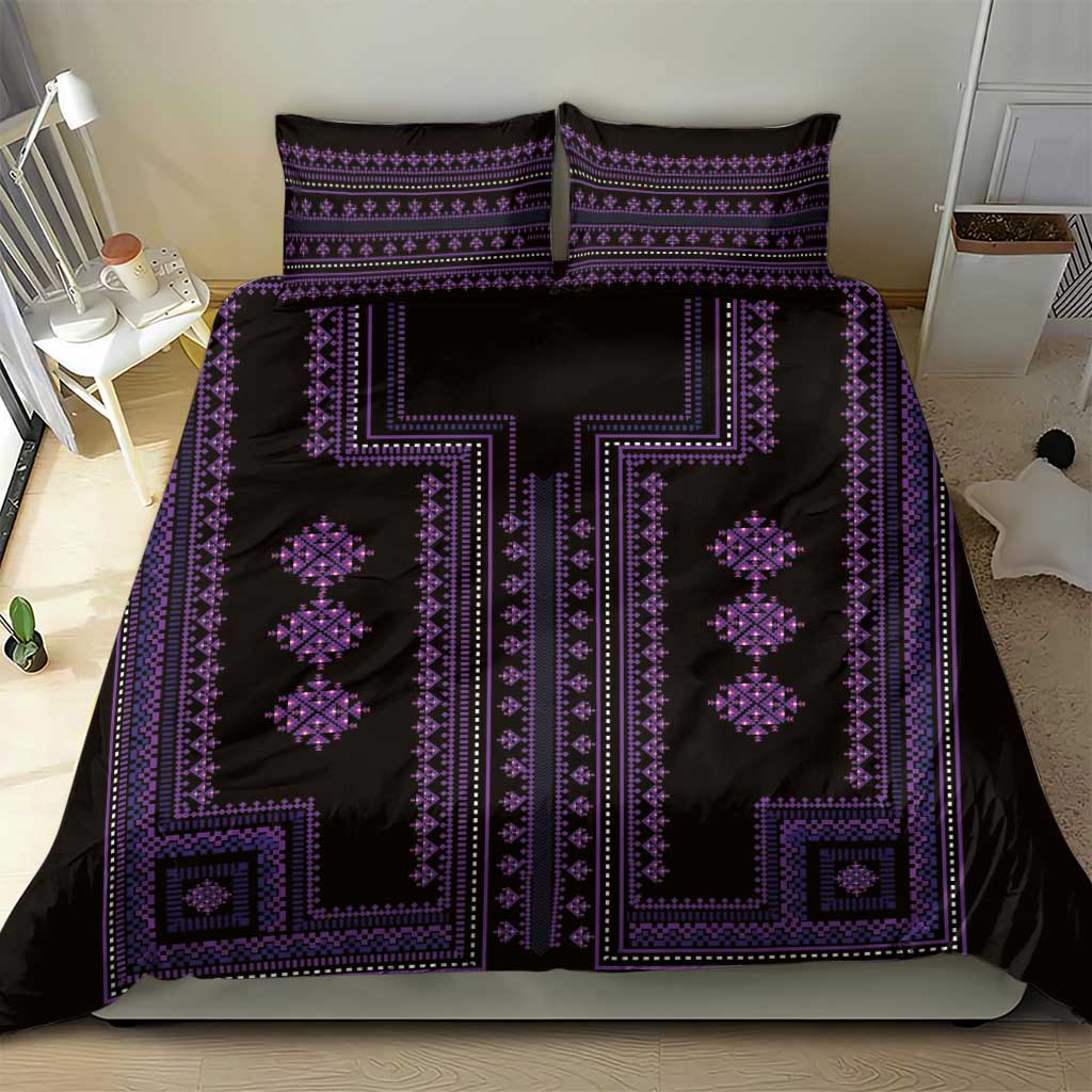 Purple-and-black traditional bedding set featuring large central cross-shaped design.