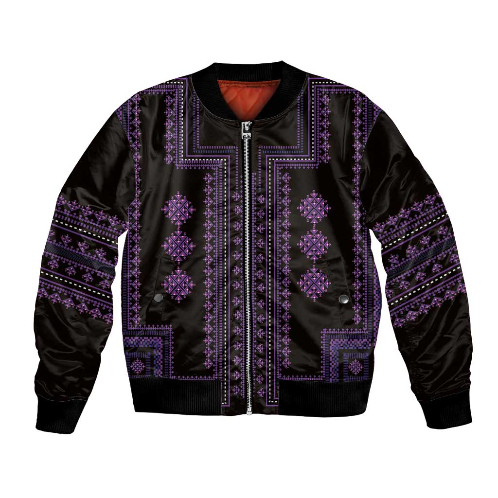 Purple geometric trim bomber jacket with front zipper, ribbed collar and cuffs