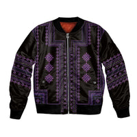 Purple geometric trim bomber jacket with front zipper, ribbed collar and cuffs
