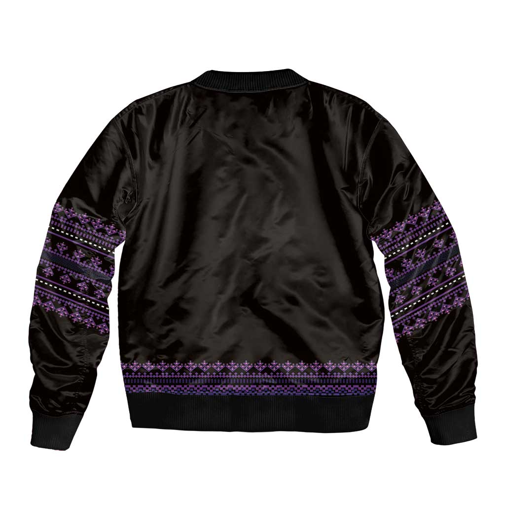 Purple geometric trim bomber jacket, back view with ribbed hem and cuffs