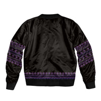 Purple geometric trim bomber jacket, back view with ribbed hem and cuffs