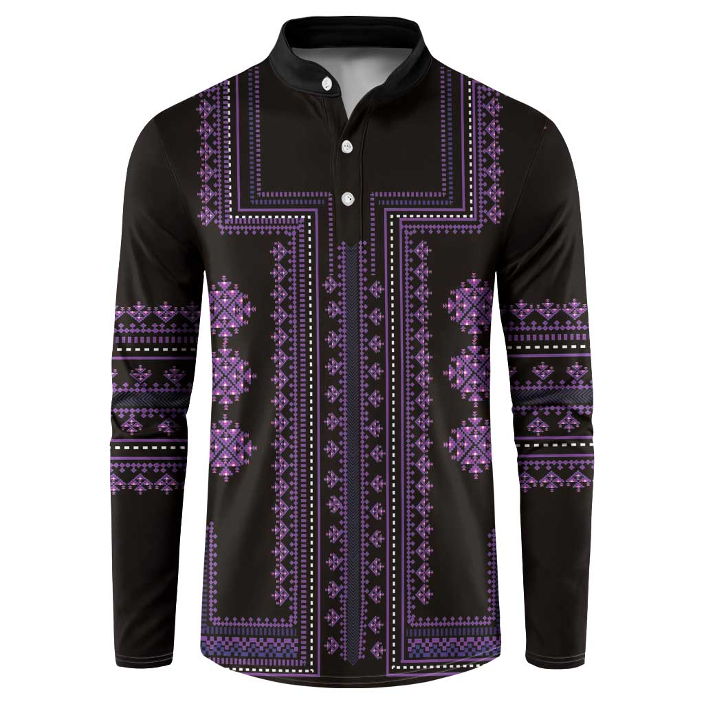 Black long-sleeve button sweatshirt with purple geometric stripe pattern across chest
