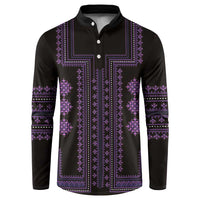 Black long-sleeve button sweatshirt with purple geometric stripe pattern across chest