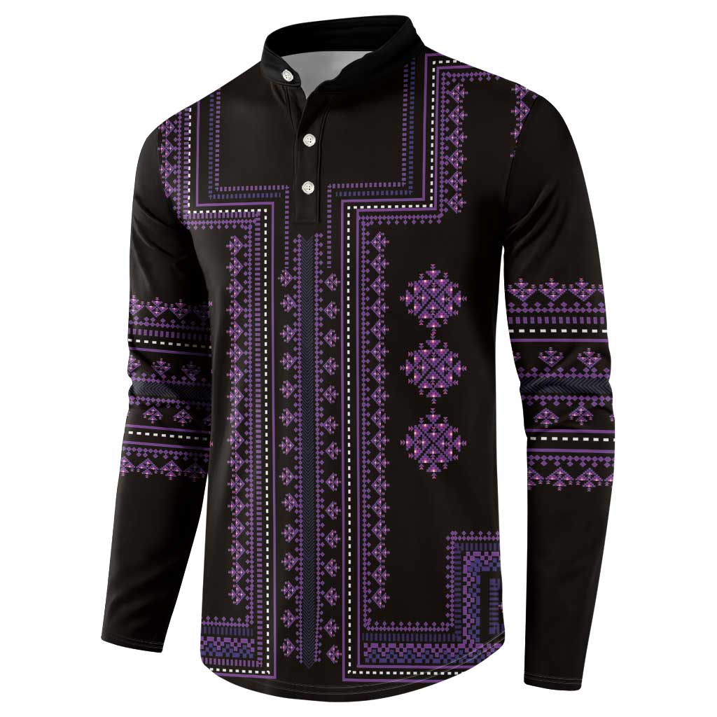 Black long-sleeve button henley with purple folk cross-stitch pattern