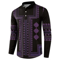 Black long-sleeve button henley with purple folk cross-stitch pattern