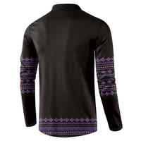 Black sweatshirt with purple traditional stripe pattern on sleeves and hem