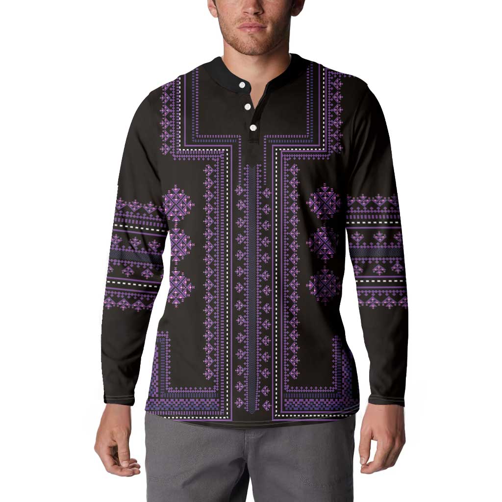 Black button henley with purple geometric embroidery-style panel and trim