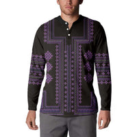 Black button henley with purple geometric embroidery-style panel and trim