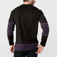 Black sweatshirt back view with purple banded folk pattern on sleeves and hem