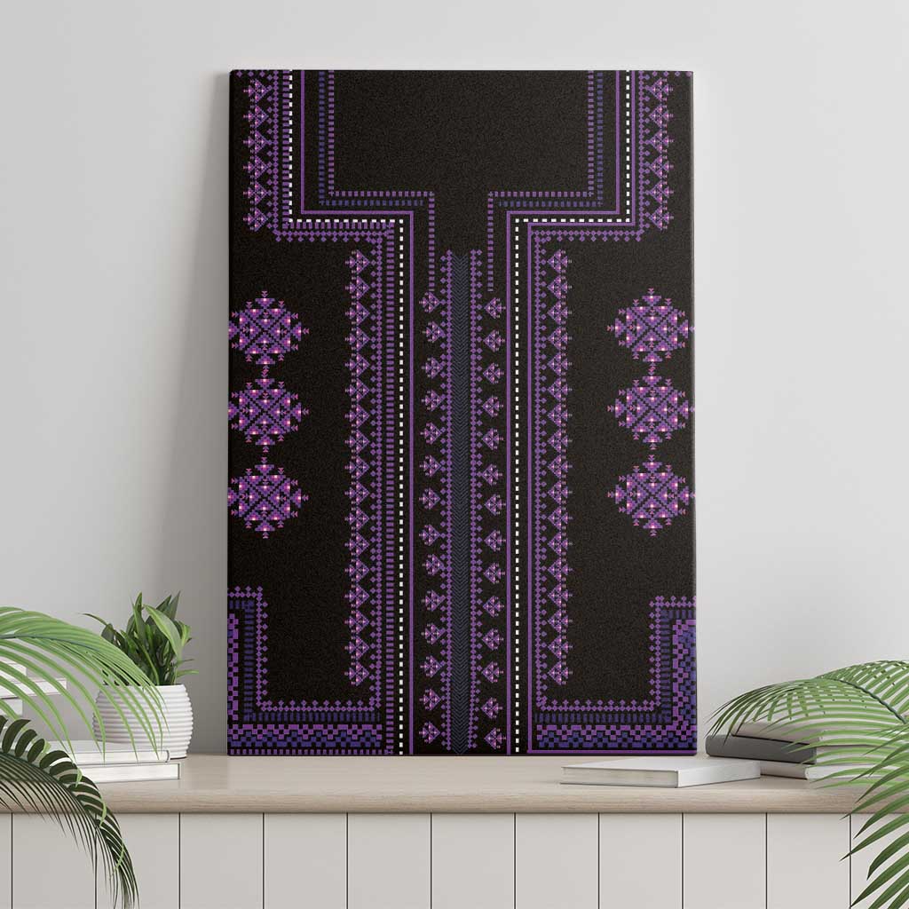 Purple geometric traditional wall art canvas on black with embroidered border pattern