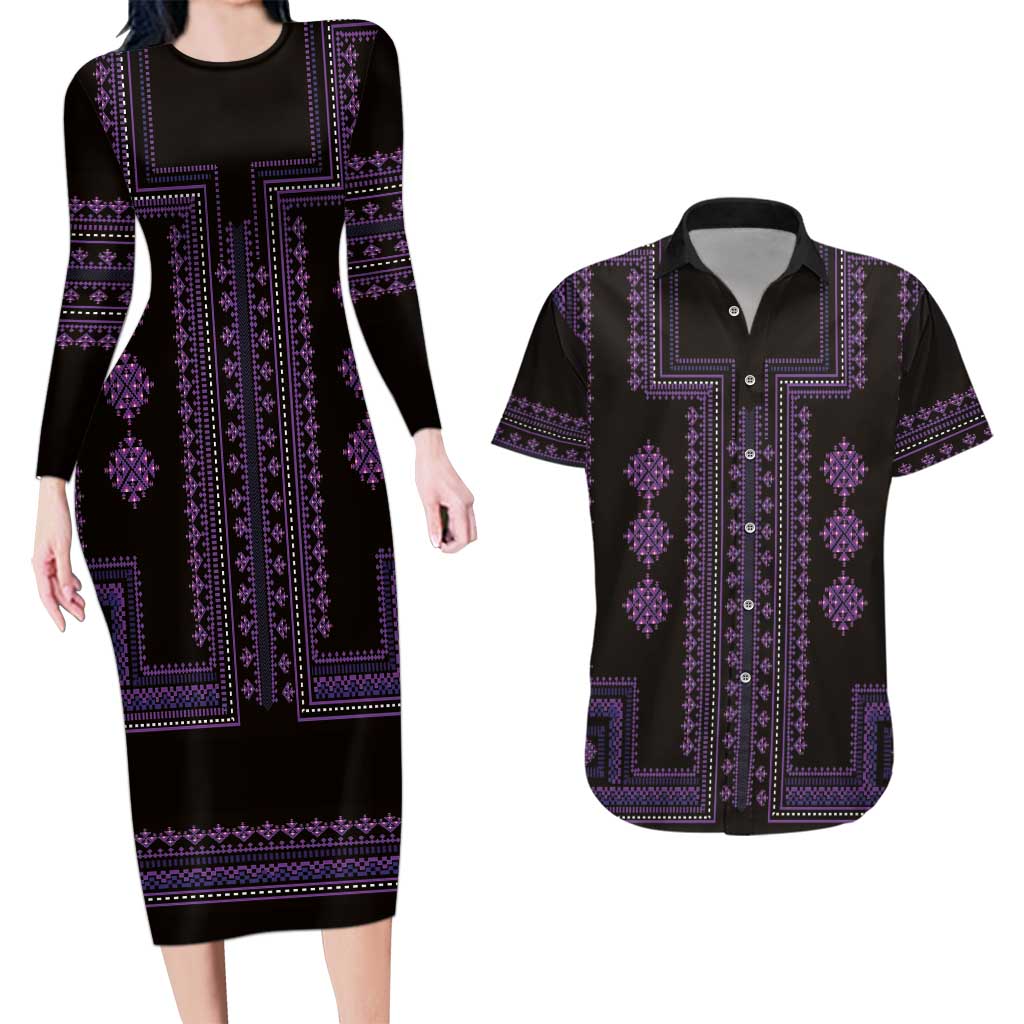 Bulgaria Traditional Pattern Purple Couples Matching Long Sleeve Bodycon Dress and Hawaiian Shirt Balkan Culture - Wonder Print Shop