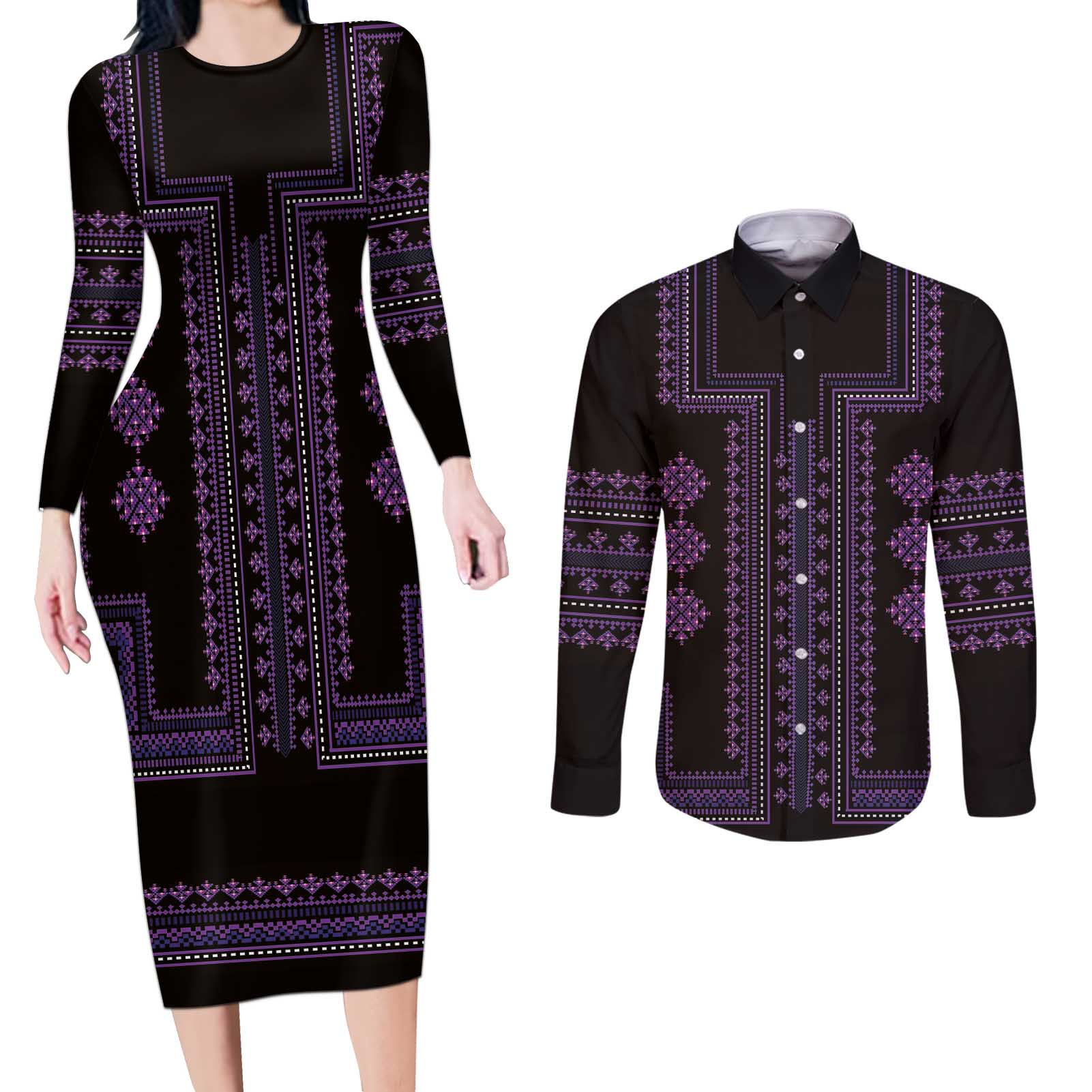 Bulgaria Traditional Pattern Purple Couples Matching Long Sleeve Bodycon Dress and Long Sleeve Button Shirt Balkan Culture - Wonder Print Shop