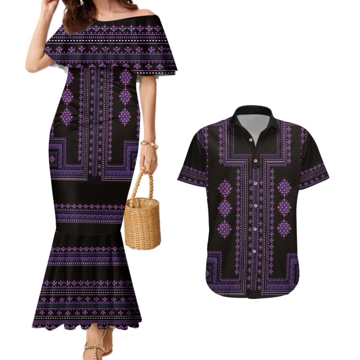 Bulgaria Traditional Pattern Purple Couples Matching Mermaid Dress and Hawaiian Shirt Balkan Culture - Wonder Print Shop