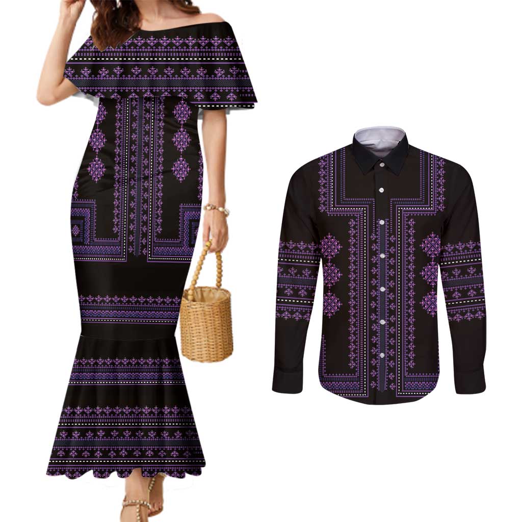 Bulgaria Traditional Pattern Purple Couples Matching Mermaid Dress and Long Sleeve Button Shirt Balkan Culture