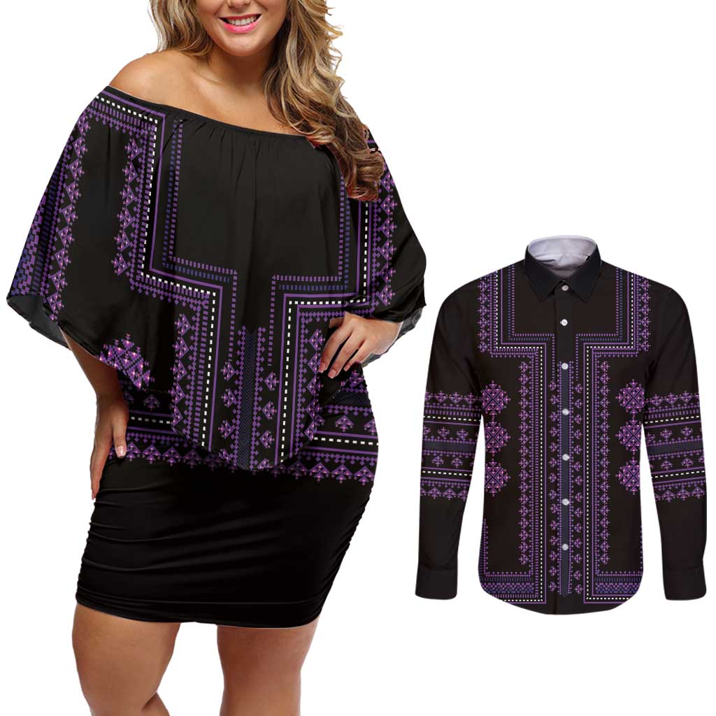 Bulgaria Traditional Pattern Purple Couples Matching Off Shoulder Short Dress and Long Sleeve Button Shirt Balkan Culture - Wonder Print Shop