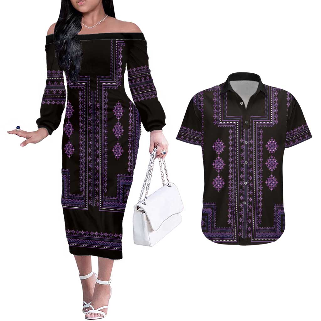 Bulgaria Traditional Pattern Purple Couples Matching Off The Shoulder Long Sleeve Dress and Hawaiian Shirt Balkan Culture - Wonder Print Shop