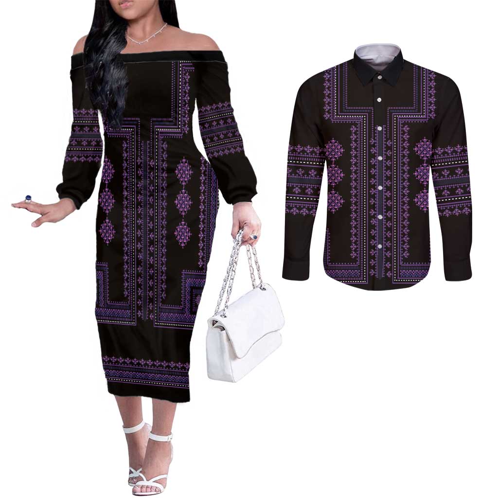 Bulgaria Traditional Pattern Purple Couples Matching Off The Shoulder Long Sleeve Dress and Long Sleeve Button Shirt Balkan Culture