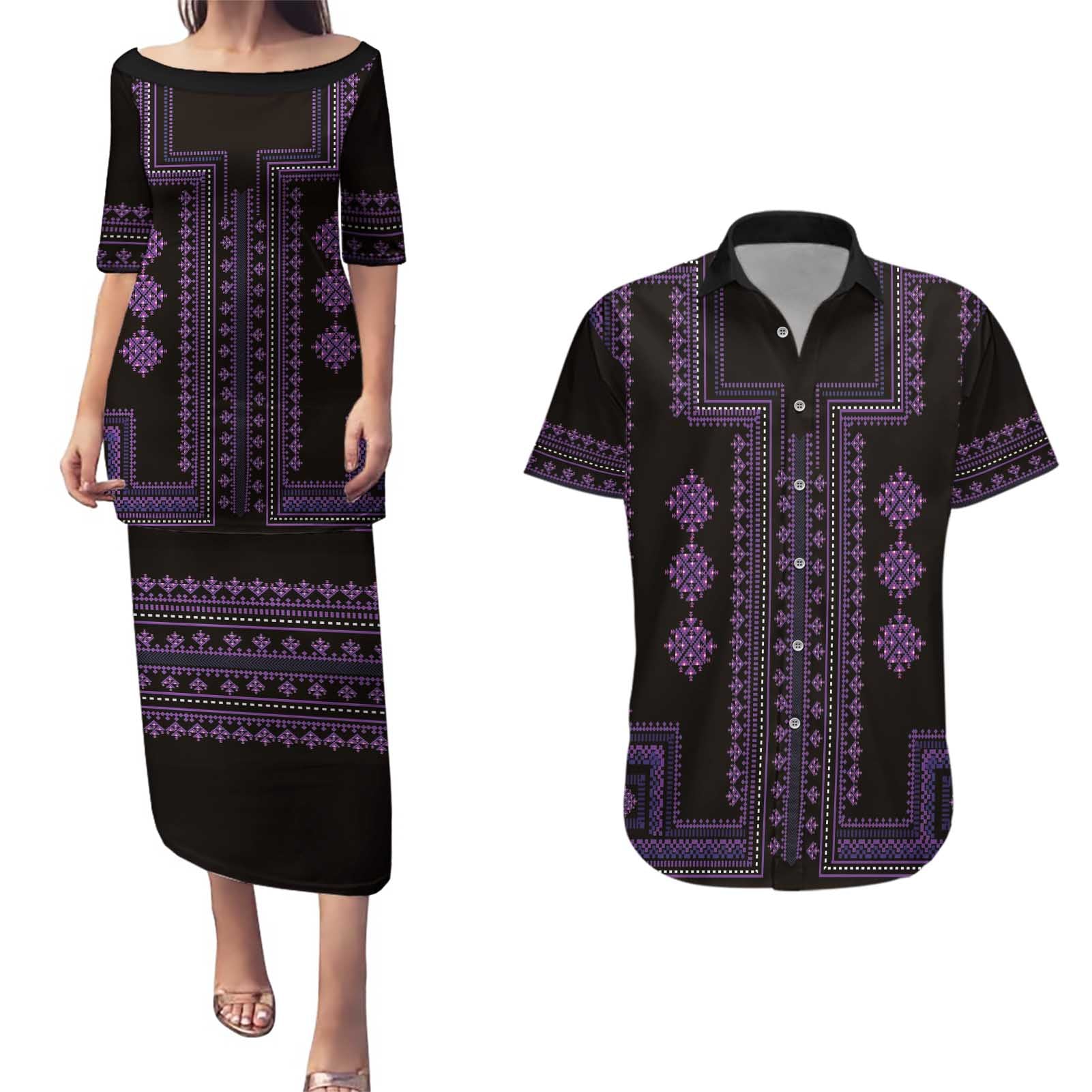 Bulgaria Traditional Pattern Purple Couples Matching Puletasi and Hawaiian Shirt Balkan Culture - Wonder Print Shop