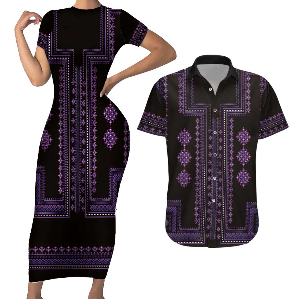 Bulgaria Traditional Pattern Purple Couples Matching Short Sleeve Bodycon Dress and Hawaiian Shirt Balkan Culture - Wonder Print Shop