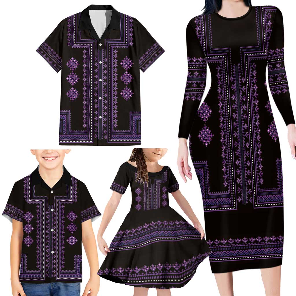 Bulgaria Traditional Pattern Purple Family Matching Long Sleeve Bodycon Dress and Hawaiian Shirt Balkan Culture - Wonder Print Shop