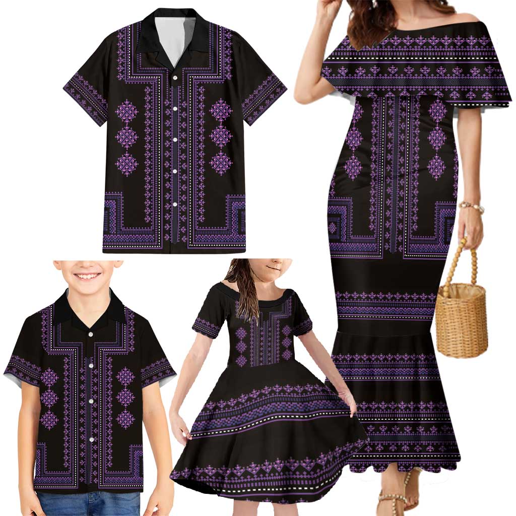 Bulgaria Traditional Pattern Purple Family Matching Mermaid Dress and Hawaiian Shirt Balkan Culture - Wonder Print Shop