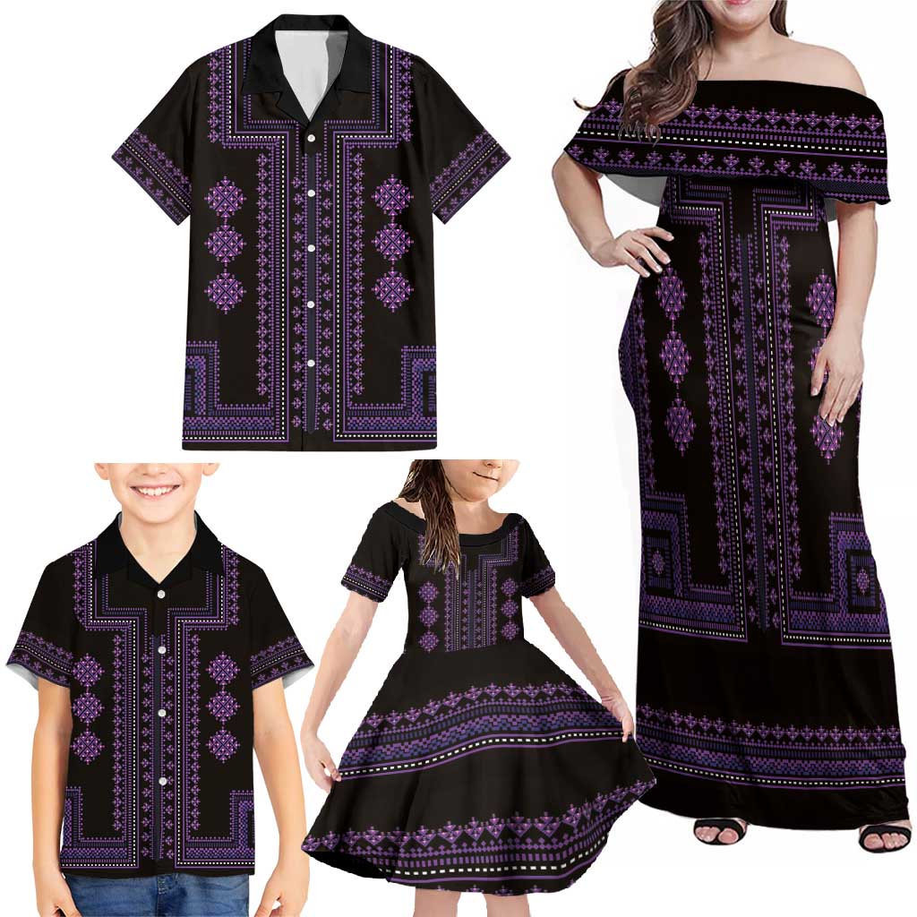 Bulgaria Traditional Pattern Purple Family Matching Off Shoulder Maxi Dress and Hawaiian Shirt Balkan Culture - Wonder Print Shop