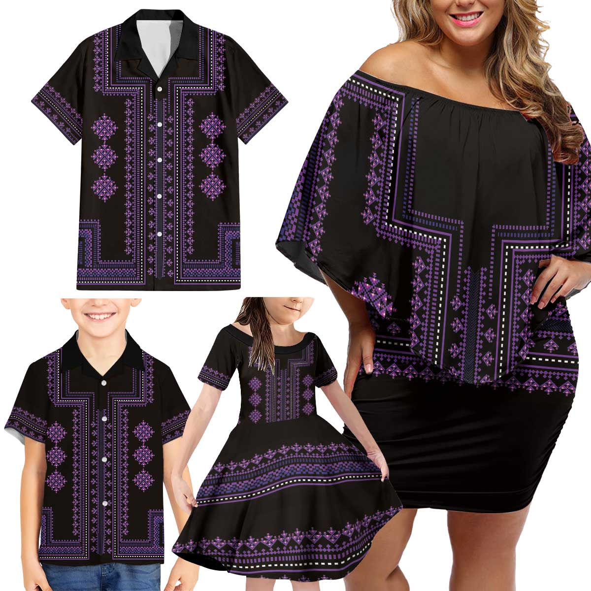 Bulgaria Traditional Pattern Purple Family Matching Off Shoulder Short Dress and Hawaiian Shirt Balkan Culture - Wonder Print Shop