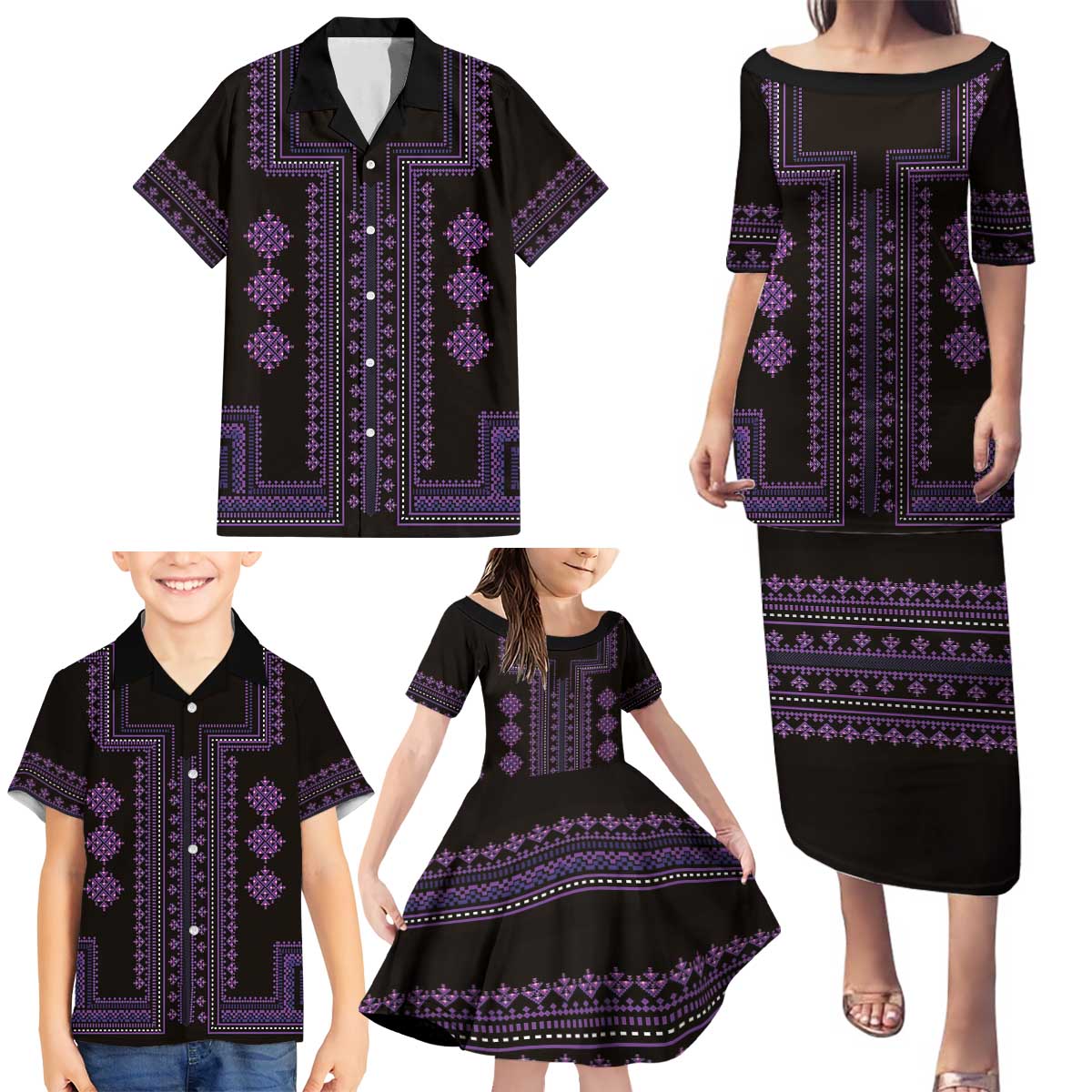 Bulgaria Traditional Pattern Purple Family Matching Puletasi and Hawaiian Shirt Balkan Culture - Wonder Print Shop