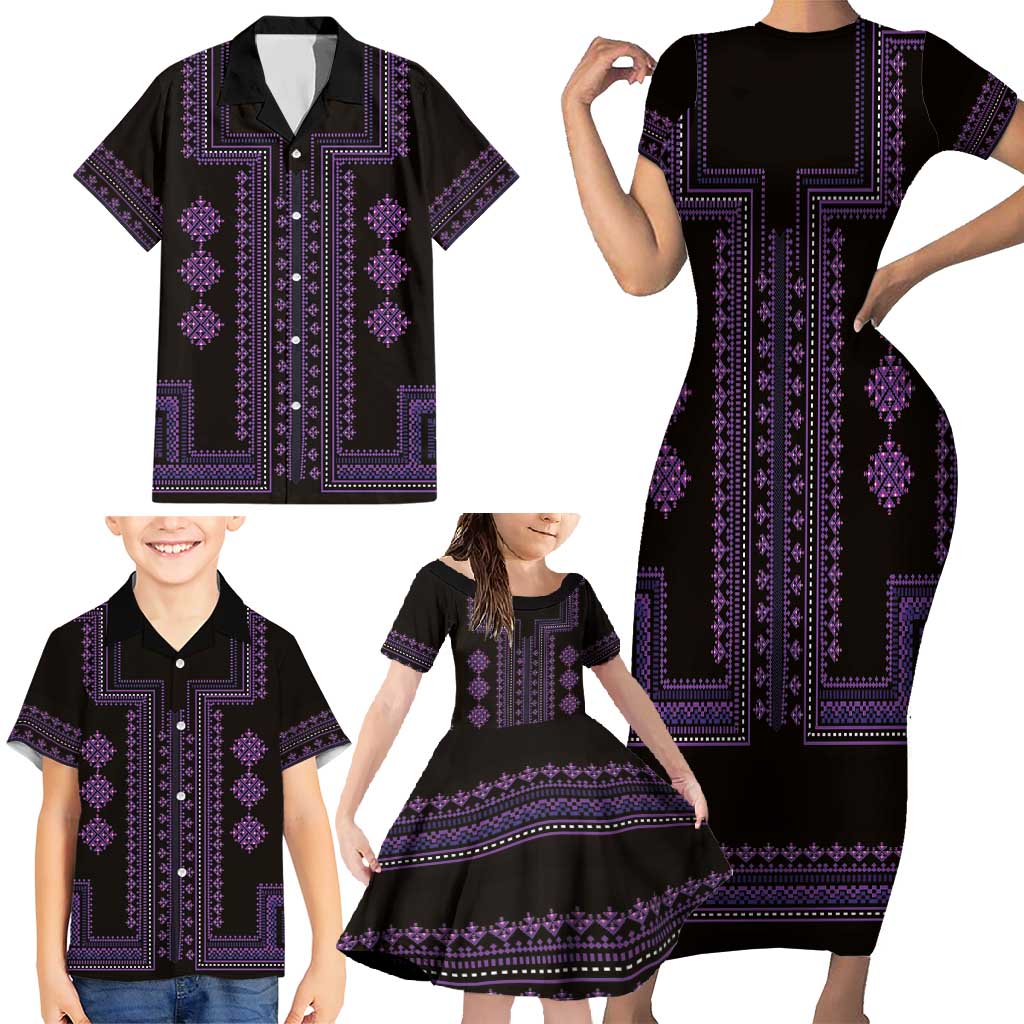 Bulgaria Traditional Pattern Purple Family Matching Short Sleeve Bodycon Dress and Hawaiian Shirt Balkan Culture - Wonder Print Shop