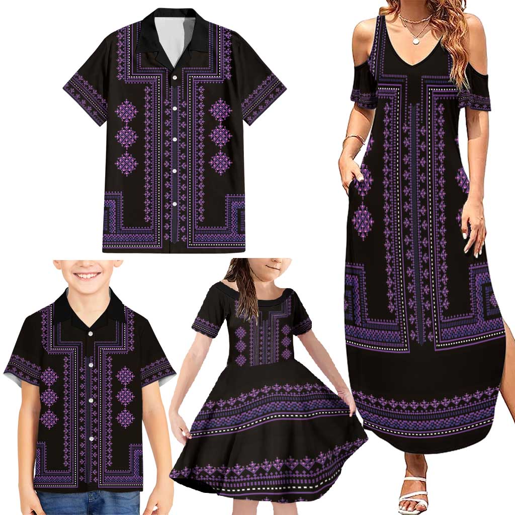 Bulgaria Traditional Pattern Purple Family Matching Summer Maxi Dress and Hawaiian Shirt Balkan Culture - Wonder Print Shop