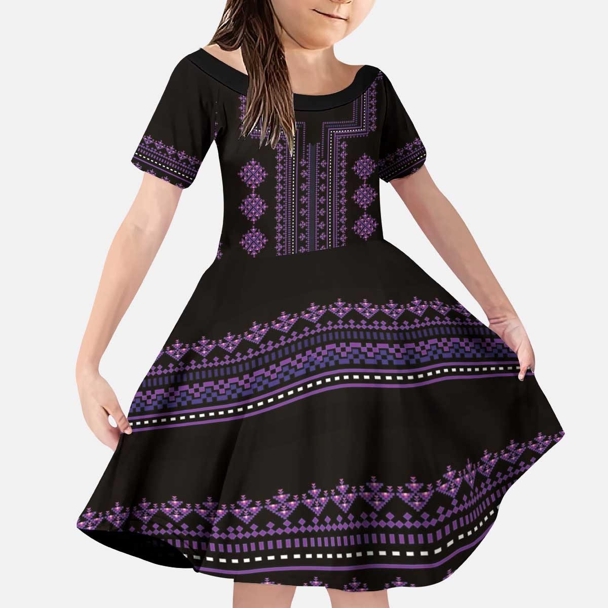 Bulgaria Traditional Pattern Purple Kid Short Sleeve Dress Balkan Culture - Wonder Print Shop