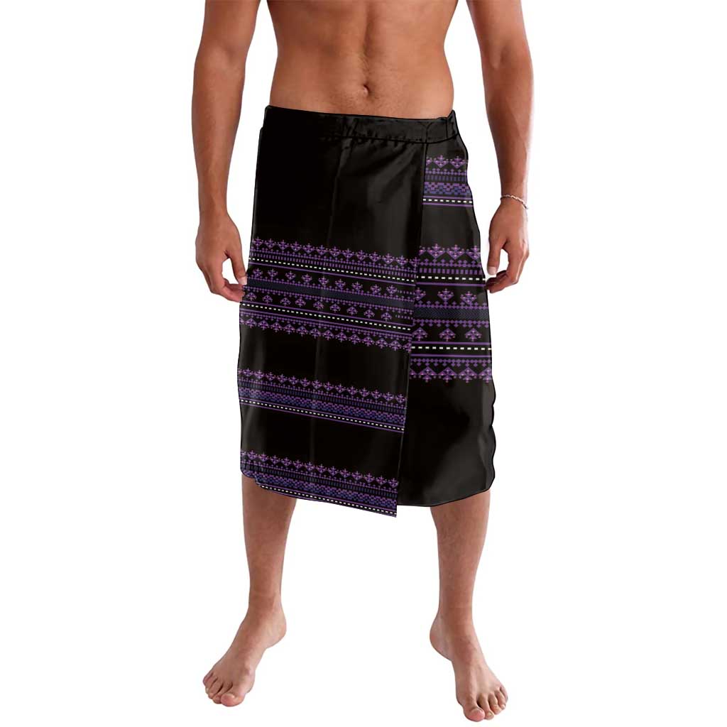 Black and purple patterned sarong-style shorts with elastic waistband