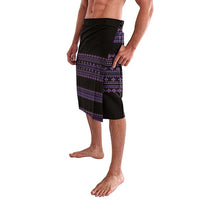 Side view of black and purple geometric-pattern sarong-style shorts, elastic waistband