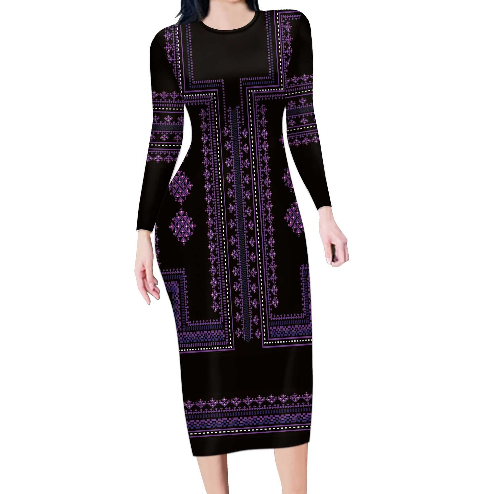 Bulgaria Traditional Pattern Purple Long Sleeve Bodycon Dress Balkan Culture - Wonder Print Shop