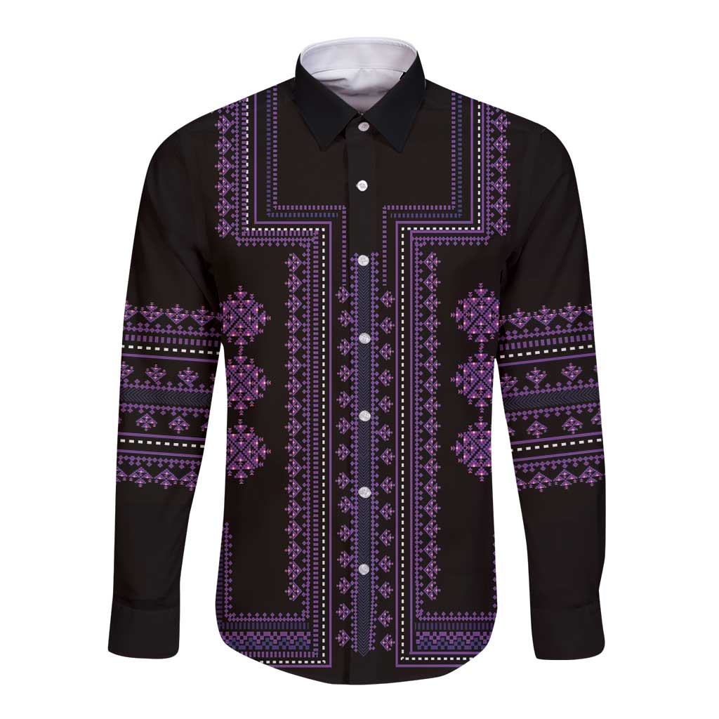 Black long-sleeve button shirt with purple embroidered-style panel and geometric motifs