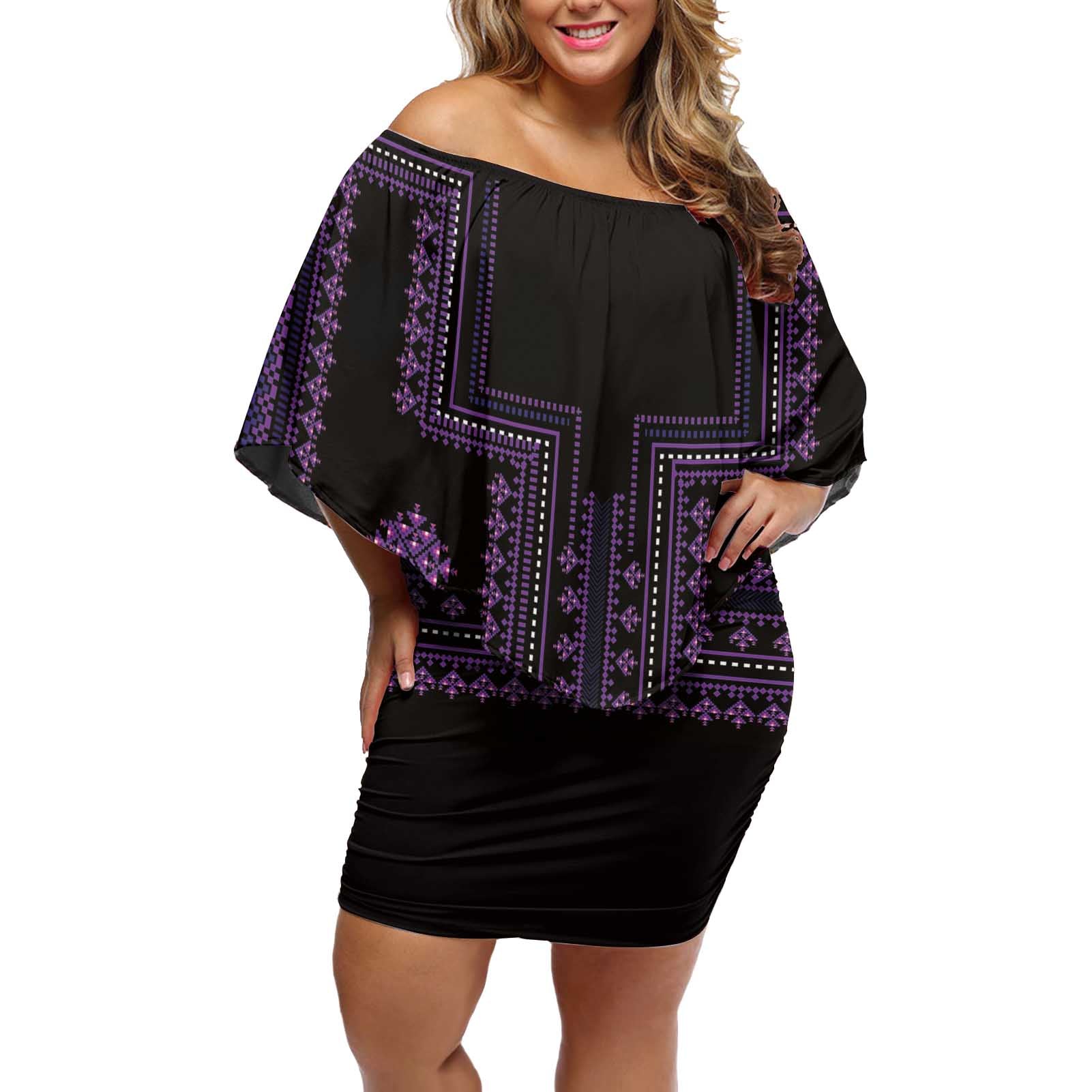 Bulgaria Traditional Pattern Purple Off Shoulder Short Dress Balkan Culture - Wonder Print Shop