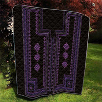 Black quilt with purple decorative geometric medallion pattern, thick quilted stitching