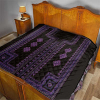 Black quilt bedding set with purple geometric embroidery-style pattern and quilted design