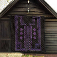 Black quilt with purple geometric border lines and diamond motifs, quilted wall-hanging style