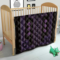 Purple and black quilt with geometric Balkan pattern and diamond motifs, quilted texture