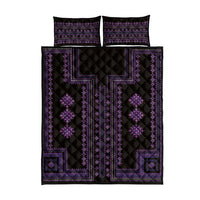 Quilt bed set with two decorative pillows, black base with purple geometric trim