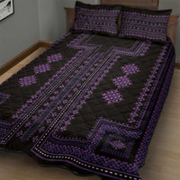 Black quilt bed set with purple geometric center stripe and matching pillow set