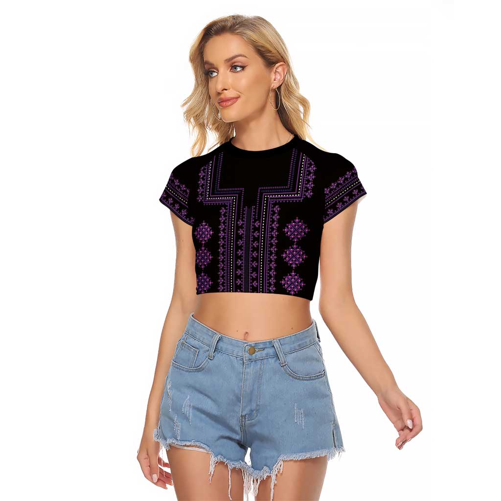 Bulgaria Traditional Pattern Purple Raglan Cropped T Shirt Balkan Culture - Wonder Print Shop