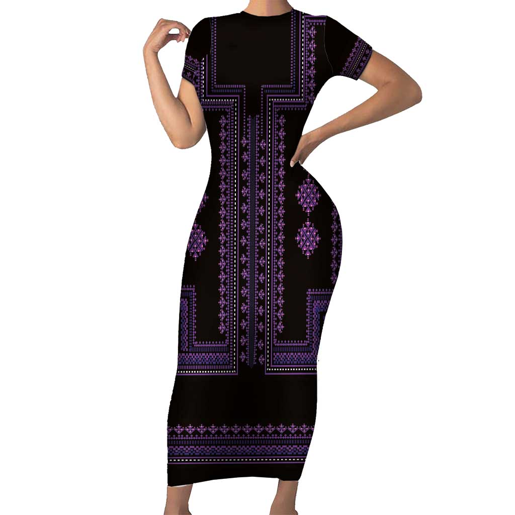 Bulgaria Traditional Pattern Purple Short Sleeve Bodycon Dress Balkan Culture - Wonder Print Shop